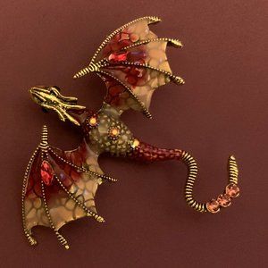 New Enamel & Rhinestone Dragon Brooch Pin Pendant 2.75"x2.5" Red Gold